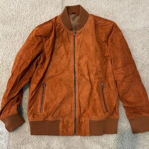 Brown Suede Leather Bomber Jacket, New, Crafted in India